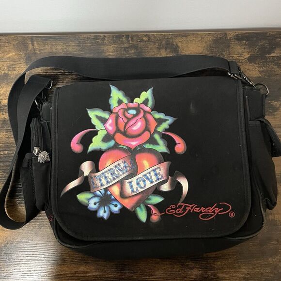 Ed Hardy Eternal Love by Christian Audiger Messenger Crossbody Bag Y2K Vintage - Picture 1 of 8